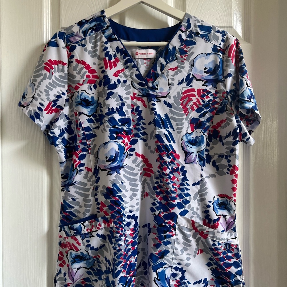 White Cross Blue and Pink Floral Women's Scrub Top